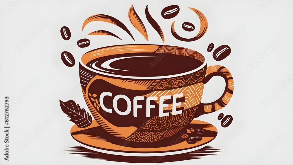 Obraz premium An illustration of a cup overflowing with coffee beans. The cup is a simple brown mug with a curved handle. Its beans are a rich brown color and spill out from the mug in a cascading fashion.