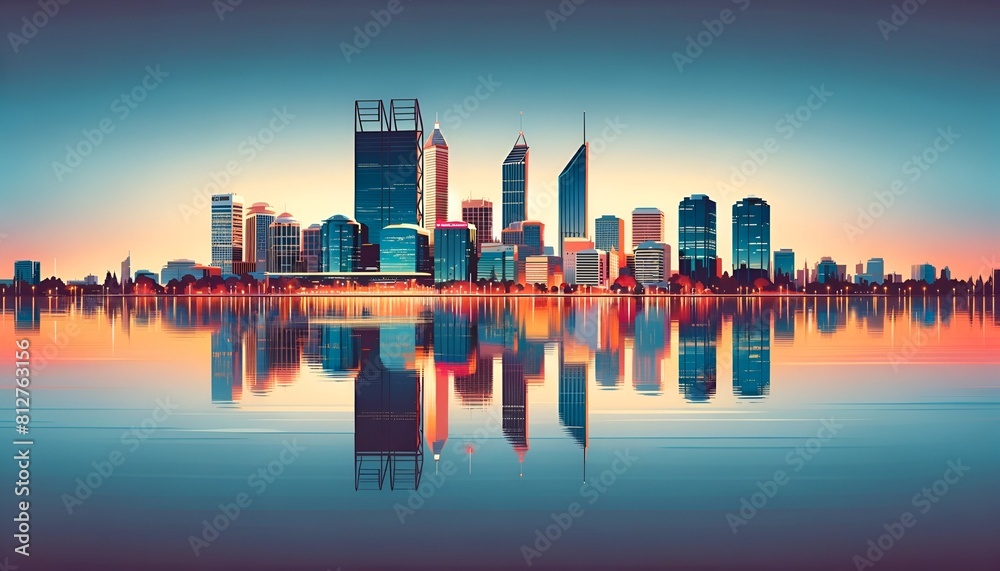 Illustration for western australia day with a perth skyline reflecting on water at twilight.
