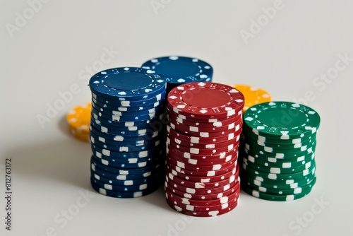 Vibrant poker chips in red, blue, green, and yellow stacked neatly against a plain backdrop