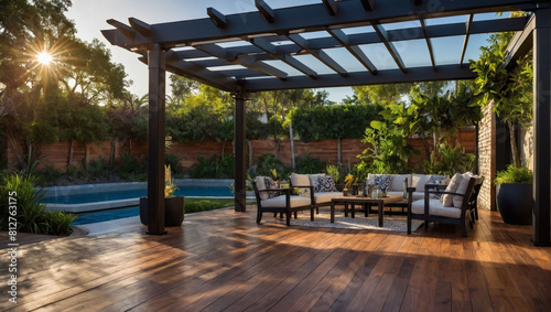 Modern black bio-climatic pergola overlooking outdoor patio with teak wood flooring, pool, and lush garden.