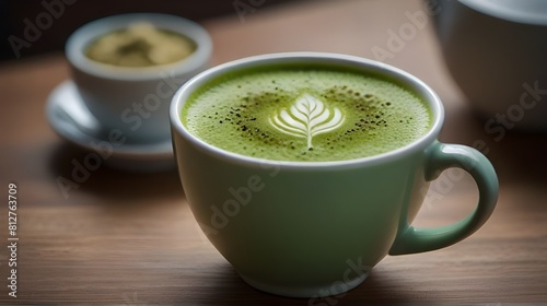 Close-Up of Refreshing Green Tea Matcha Latte in a Cup,Japanese cuisine, tea culture, latte close-up, frothy beverage, herbal drink