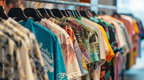 Display of retro-inspired t-shirts with faded graphics and distressed prints, embodying a vintage aesthetic and casual-cool vibe.