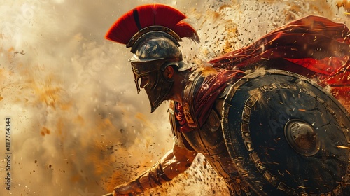 In the heat of battle, the Spartan warrior charges forward, his shield held high and his sword drawn. He is ready to fight for his life and for the glory of his homeland.