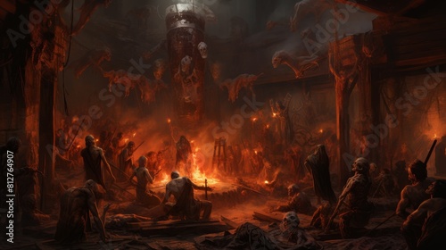 A devils workshop in hell, crafting chains and shackles, surrounded by fire and brimstone