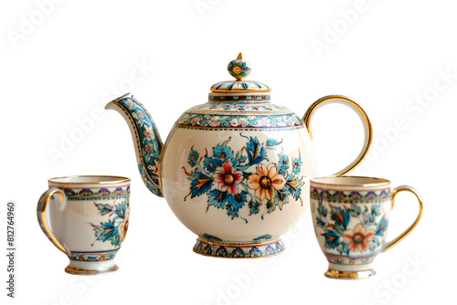 French Limoges Porcelain Teapot with Cups on a Transparent Background