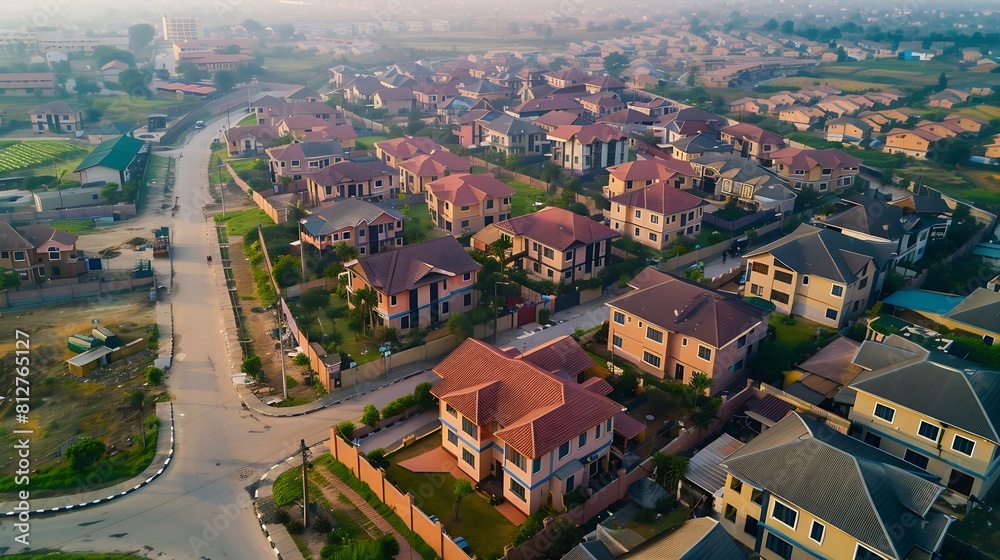 Fototapeta premium Aerial view of urban residential community with high density housing and lined roads Ogun State Nigeria : Generative AI