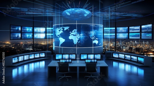 Abstract depiction of a network operations center with screens displaying global data flows and cyber activity in real time
