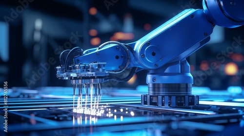 Closeup of a robotic arm assembling electronics on a futuristic factory floor with blue neon lighting photo