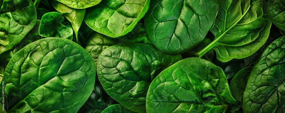 Fototapeta premium Close-Up View of Fresh Spinach Leaves Texture, Highlighting the Vibrant Green Color and Natural Vein Patterns for Backgrounds and Wallpapers
