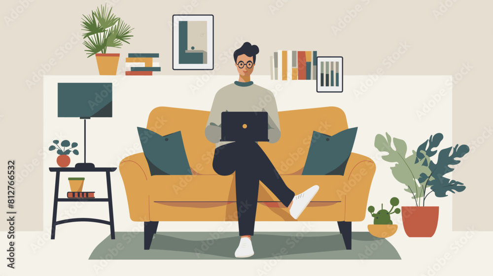 A young man is sitting on a couch and using laptop. He is surrounded by plants and there is a television and some decorations on the wall. A young man is sitting on a couch and using laptop. He is surrounded by plants and there is a television and some decorations on the wall.