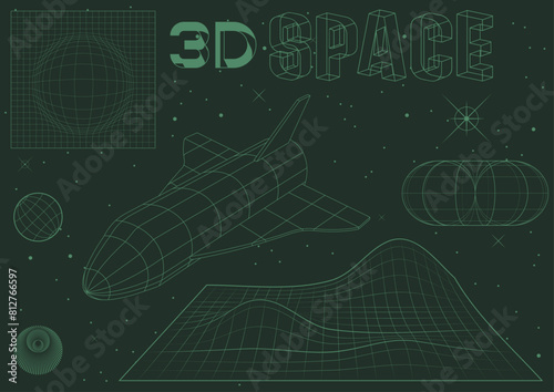 3D Space Illustration. 1980s Style Computer Polygonal Models, Spacecraft, Surfaces, Stars, Planet