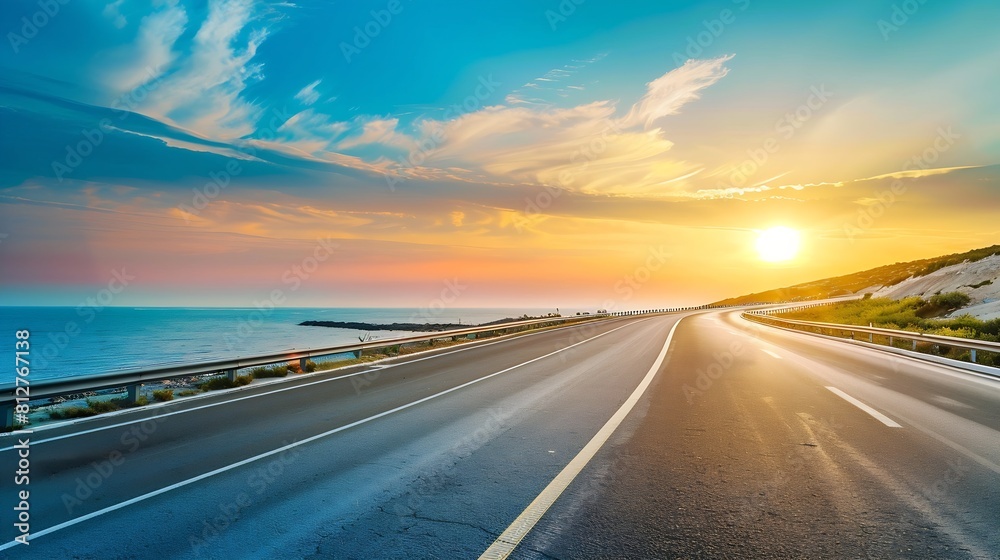 Naklejka premium highway landscape at colorful sunset traveling on the holiday road in summer Nature scenery on ocean beach Road landscape on beach Stunning sea with summer vacation seascape with beaut : Generative AI
