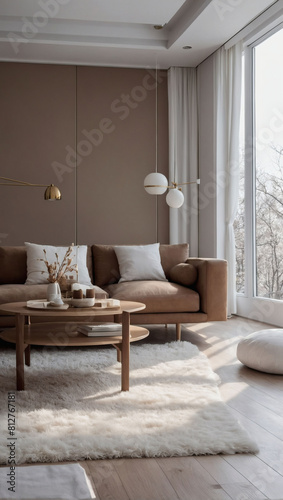 Modern White Room, Minimalist Decor with Brown Furnishings.