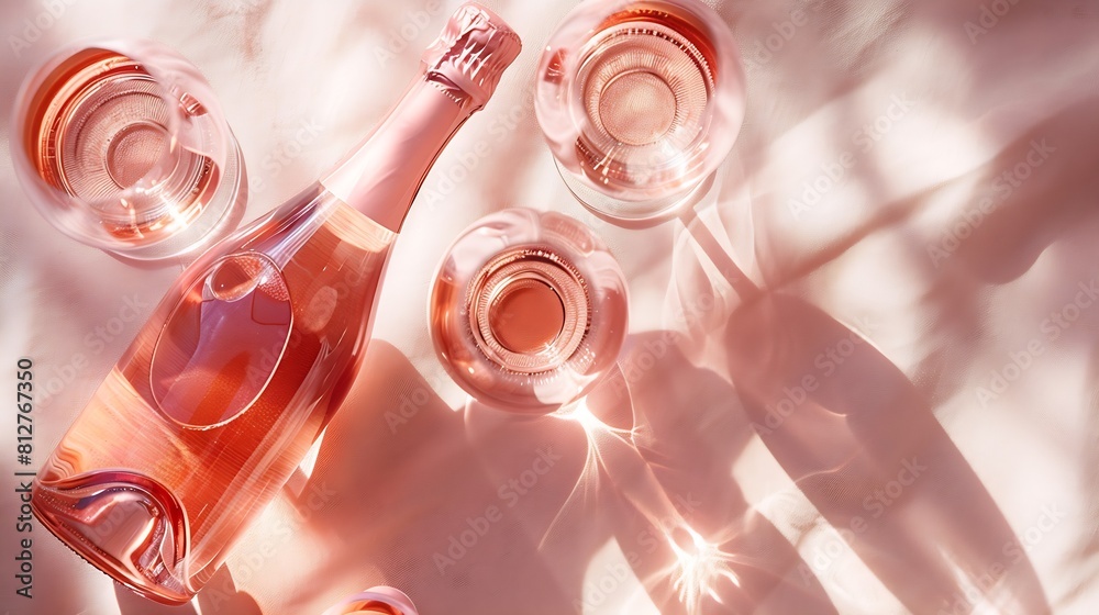 Bottle of rose champagne wine and two glasses with drink in bright sunlight Summer vacation concept Pink monochrome photo top view copy space : Generative AI Bottle of rose champagne wine and two glasses with drink in bright sunlight Summer vacation concept Pink monochrome photo top view copy space : Generative AI