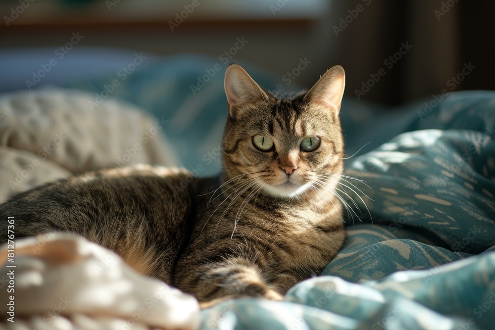 Serene tabby cat lounges on a sunny bed, exuding calm and comfort