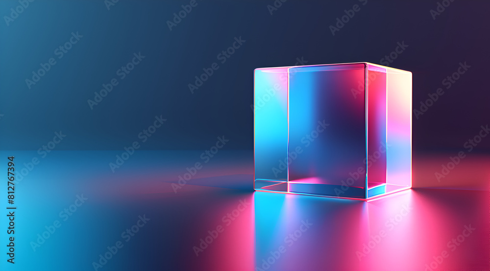 A cube is sitting on a blue and purple background. The cube is made of clear glass and is illuminated by a light source. The image has a futuristic and modern feel to it, with the blue. Generative AI A cube is sitting on a blue and purple background. The cube is made of clear glass and is illuminated by a light source. The image has a futuristic and modern feel to it, with the blue. Generative AI