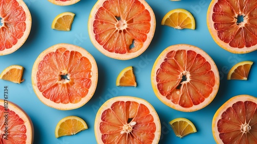 Colorful fruit pattern of fresh grapefruit slices on blue background From top view : Generative AI