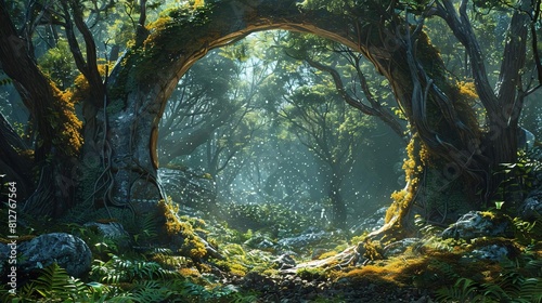 Enchanted Portal in a Mystical Forest Surrounded by Ancient Trees and Shimmering Light