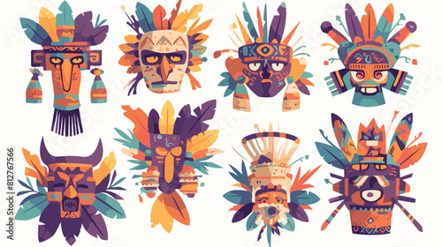 Aztec or mayan masks and totem symbols set of carto