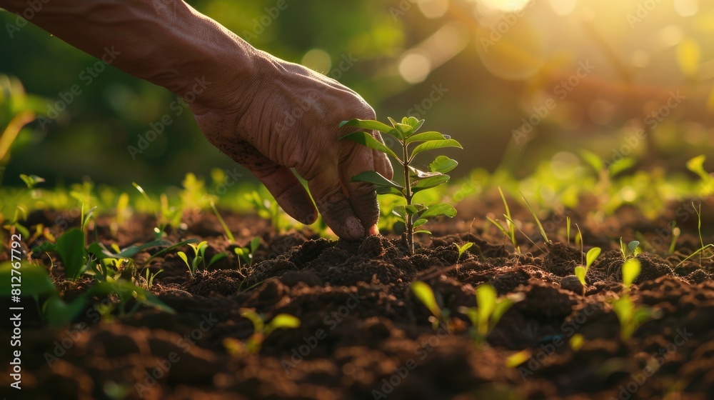 Fototapeta premium A person's hand holding a small plant in the dirt. Suitable for environmental and gardening concepts