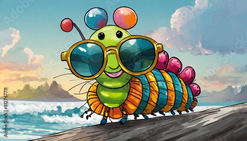 cartoon colorful caterpillar with sunglasses on white background created with generative ai © Kaitlyn