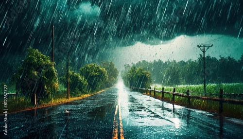 beautiful scene of heavy rain on road generated by ai tool photo