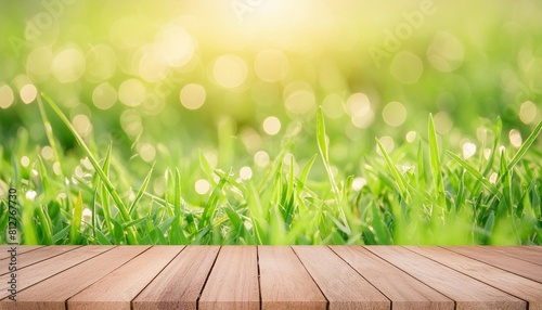 fresh spring green grass with green bokeh and sunlight and wood floor beauty natural background generative ai