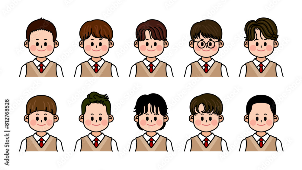 High school boys in school uniforms. Various hairstyles and faces. Set of people, Set of faces High school boys in school uniforms. Various hairstyles and faces. Set of people, Set of faces