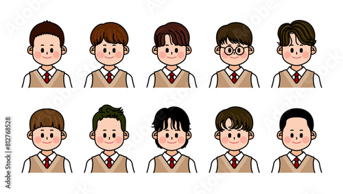 High school boys in school uniforms. Various hairstyles and faces. Set of people, Set of faces