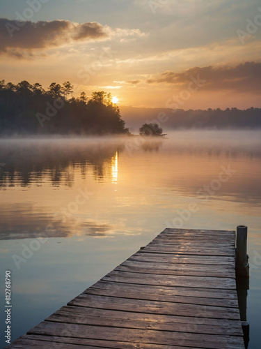 Morning Bliss, Rectangular Lake Dock Stretches Across Calm Waters, Framed by the Soft Hues of Sunrise and Mist.