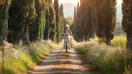 nice senior woman riding her electric mountain bike in a cypress avenue in TuscanyItaly : Generative AI photo