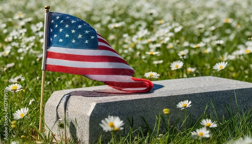 3d rendering of american flag laying on grave at the peaceful flower meadow to remember the memorial day photo