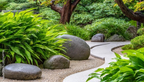 zen garden with carefully manicured rocks a meditative pathway and lush greenery this serene space provides a peaceful retreat for reflection and relaxation