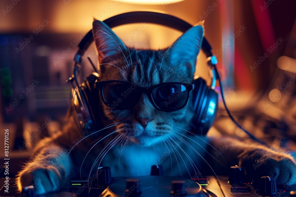 Cool cat dj with headphones and sunglasses mixing tunes on a deck in a party atmosphere
