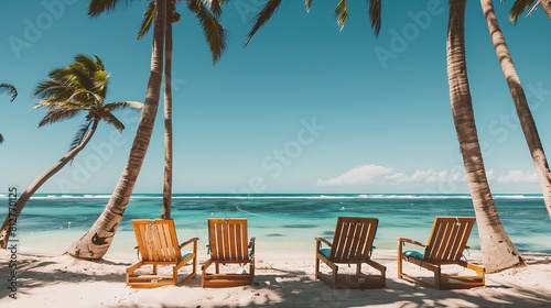 Dominican Republic Punta Cana beach chairs on the ocean with turquoise water and palm trees : Generative AI © Generative AI