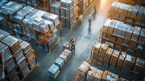 Busy Warehouse Workers Managing Inventory in Industrial Storage Facility photo