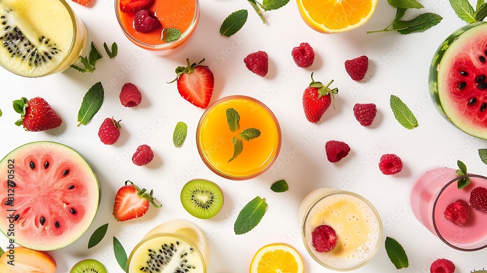 Creative layout made of smoothies and fruits around Flat lay Food concept Smoothies on the white background with watermelon strawberries apricot orange raspberry dragonfruit and grapef : Generative AI Creative layout made of smoothies and fruits around Flat lay Food concept Smoothies on the white background with watermelon strawberries apricot orange raspberry dragonfruit and grapef : Generative AI