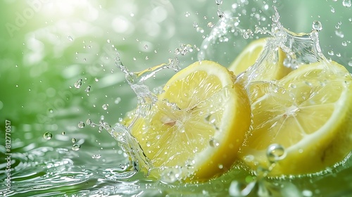 Creative layout made from Fresh Sliced lemon fruit and water Splashing on a green background : Generative AI
