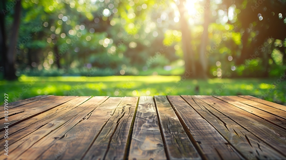 Empty rustic wooden texture of old wood table top blur against green park with defocused sunlight blurred foliage backyard background Display mock up montage your product design key vi : Generative AI Empty rustic wooden texture of old wood table top blur against green park with defocused sunlight blurred foliage backyard background Display mock up montage your product design key vi : Generative AI
