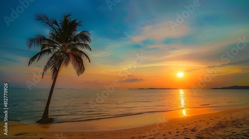 Island palm tree sea sand beach Panoramic beach landscape Inspire tropical beach seascape horizon Orange and golden sunset sky calmness tranquil relaxing summer mood Vacation travel ho : Generative AI