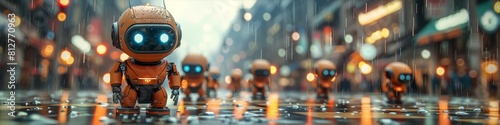 A group of cute robots with different shapes and sizes, standing on the chessboard in front of them is an empty city street, raindrops falling from above