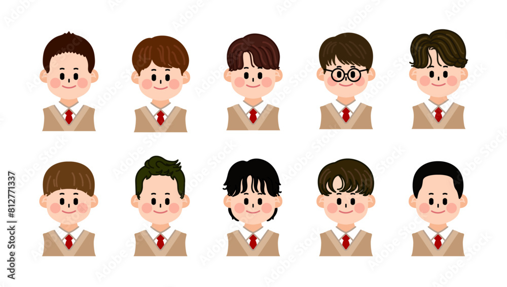 High school boys in school uniforms. Various hairstyles and faces. Set of people, Set of faces High school boys in school uniforms. Various hairstyles and faces. Set of people, Set of faces