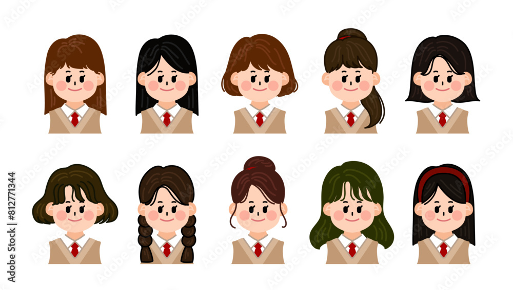 High school girls in school uniforms. Various hairstyles and faces. Set of people, Set of faces High school girls in school uniforms. Various hairstyles and faces. Set of people, Set of faces