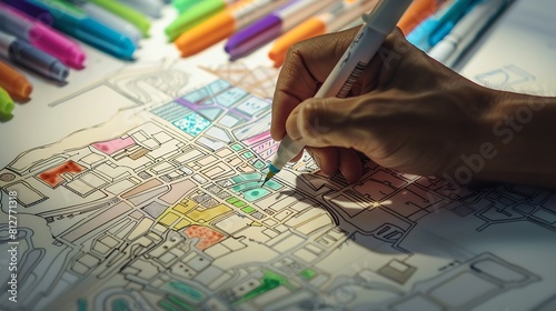 master plan of urban landscape design or urban architecture drawing by mans hand with color marker pen on white paper and group of color marker pens with English and Thai language in p : Generative AI