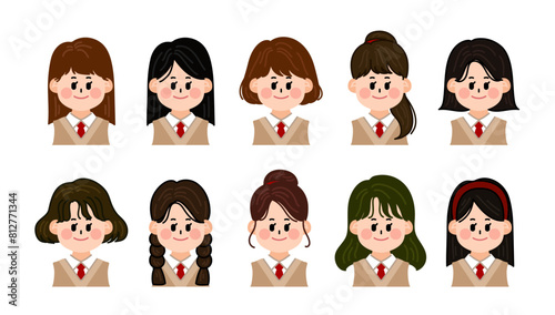 High school girls in school uniforms. Various hairstyles and faces. Set of people, Set of faces