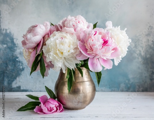 glass vase on the table with blooming pink peonies photo