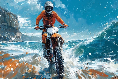 Digital image of  dirt biker in a orange shirt on a dirt bike, high quality, high resolution photo