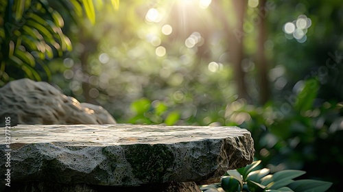 Stone tabletop podium floor in outdoors tropical garden forest blurred green leaf plant nature backgroundNatural product placement pedestal stand displayjungle paradise concept : Generative AI