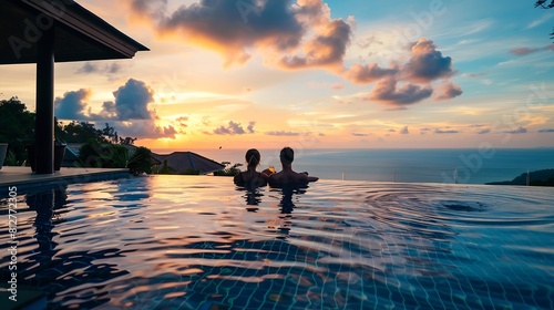 a young couple of men and women at a swimming pool during a vacation on a tropical island man and woman in infinity pool during sunset luxury vacation in Thailand pool of a luxury pool : Generative AI © Generative AI