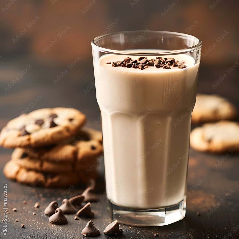 A close-up of a glass of creamy milk, with a stack of chocolate chip cookies in the background. A close-up of a glass of creamy milk, with a stack of chocolate chip cookies in the background.